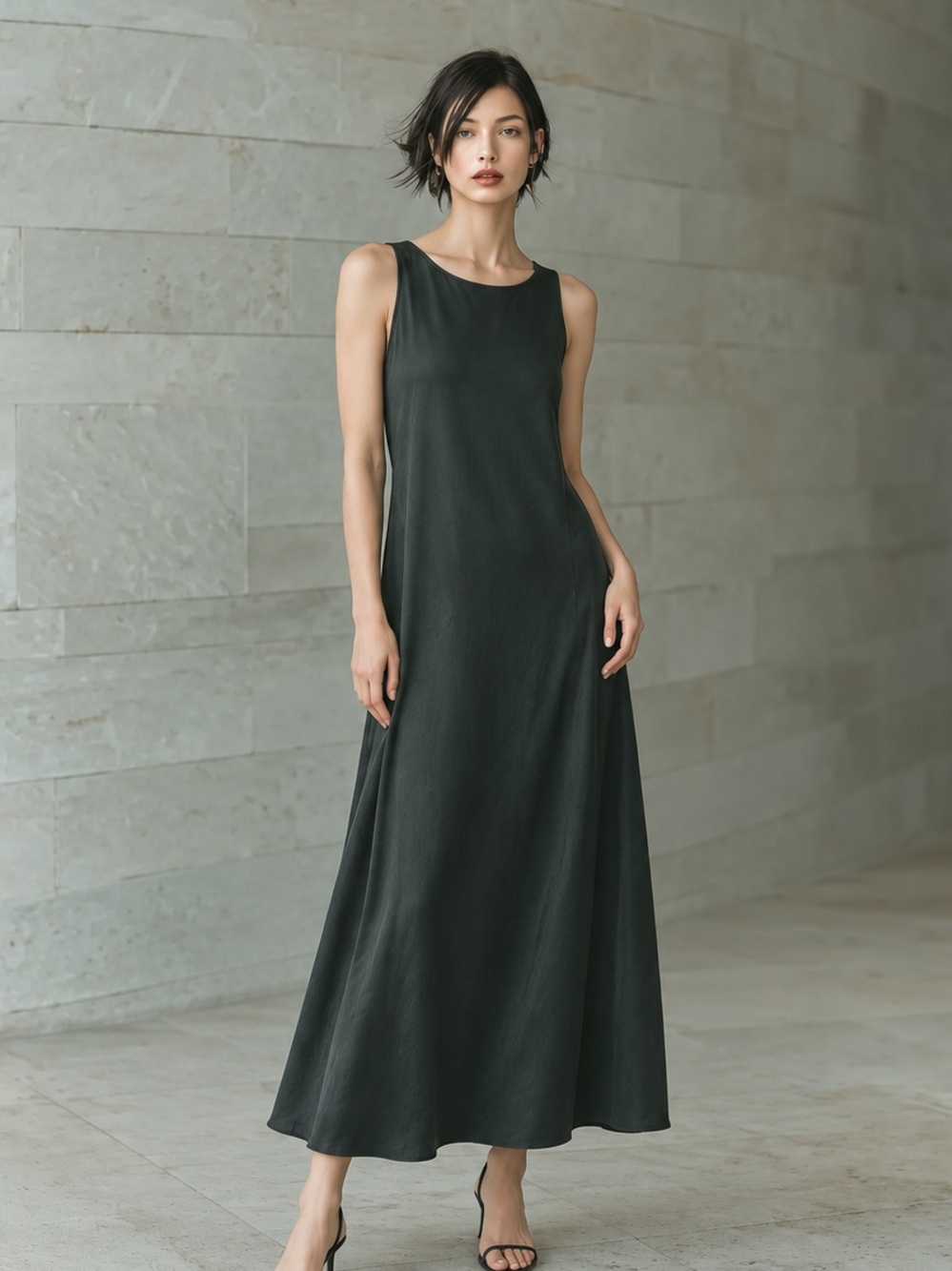 EILEEN FISHER FOREST NIGHT GREEN SANDWASHED SHAPED CUPRO LONG DRESS XS